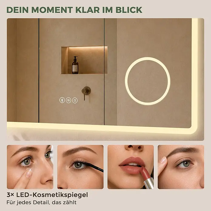 Badspiegel LED 120 x 60 cm, Bluetooth, 3-fach Vergrößerung, Anti-Beschlag -  - LED-Kosmetikspiegel mit integrierter Beleuchtung und Touch-Steuerung, ideal für detailliertes Make-up.