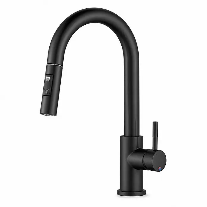 SONNENH Spültischarmatur SHP-BLACK-004 Schwarz -  - Mattschwarze Küchenarmatur mit hohem Schwanenhalsauslauf und ausziehbarer Brause mit zwei Strahlarten.