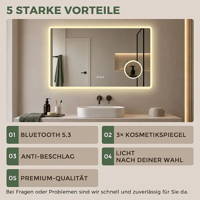 Badspiegel LED 120 x 60 cm, Bluetooth, 3-fach Vergrößerung, Anti-Beschlag -  - Ein beleuchteter rechteckiger Badspiegel mit Bluetooth, 3x Vergrößerungsspiegel, Anti-Beschlag und wählbarem Licht, über einem Waschbecken montiert.