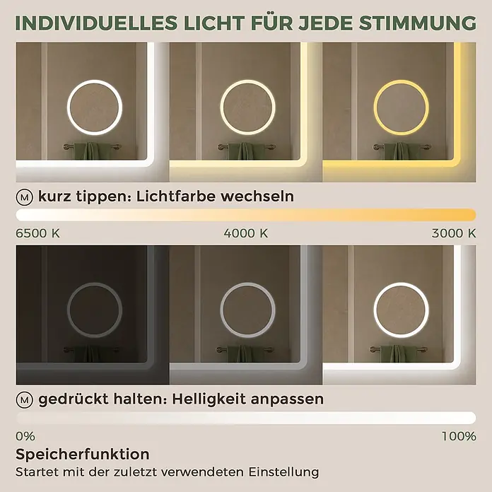 Badspiegel LED 120 x 60 cm, Bluetooth, 3-fach Vergrößerung, Anti-Beschlag -  - LED-Badspiegel mit einstellbarer Lichtfarbe (kühlweiß 6500K bis warmweiß 3000K) und dimmbarer Helligkeit (0-100%) zur Anpassung der Stimmung.
