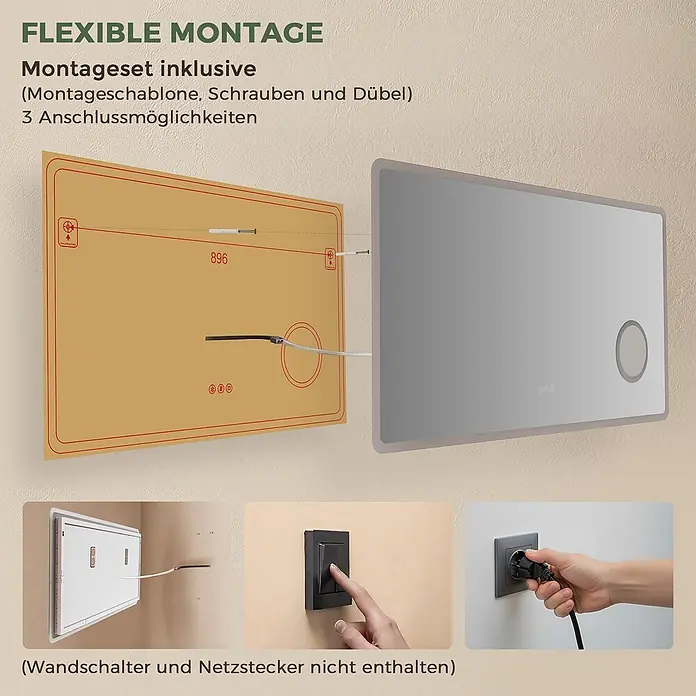 Badspiegel LED 120 x 60 cm, Bluetooth, 3-fach Vergrößerung, Anti-Beschlag -  - Anleitung zur flexiblen Montage und zum Anschluss eines beleuchteten Spiegels. Zeigt Montageschablone, Material und 3 Anschlussmöglichkeiten. Wandschalter/Stecker nicht enthalten.