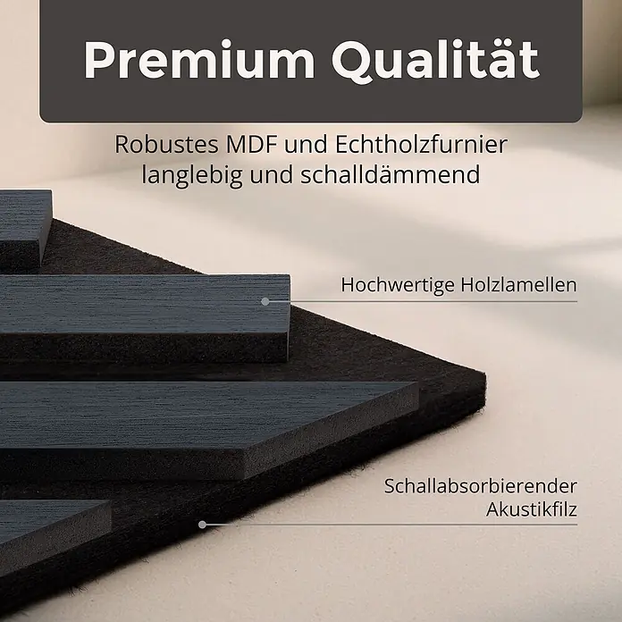 Dalsys Akustikpaneel 4x 120 x 54cm V-Muster Eiche Schwarz - Schwarz - Schichtaufbau einer dunklen Akustikplatte: MDF/Echtholzfurnier-Lamellen auf schallabsorbierendem Filz für Langlebigkeit & Schalldämmung.