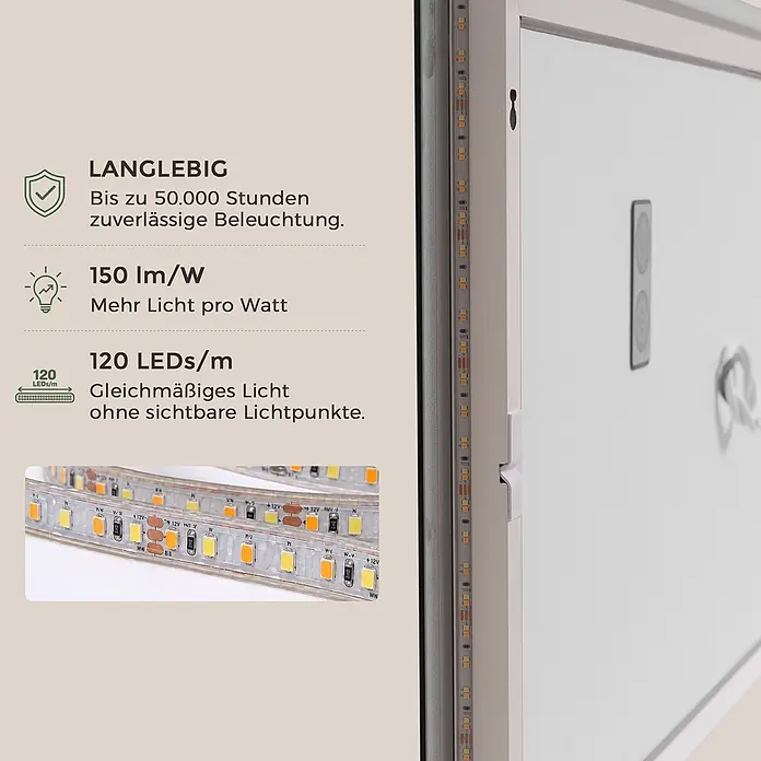 Badspiegel LED 120 x 60 cm, Bluetooth, 3-fach Vergrößerung, Anti-Beschlag -  - LED-Streifen mit 120 LEDs/m, 150 lm/W Effizienz und 50.000 Stunden Lebensdauer.