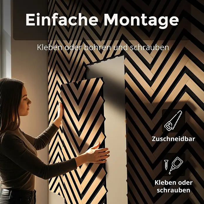 Dalsys Akustikpaneel 4x 120 x 54cm V-Muster Eiche Hell - Beige - Frau installiert helle Holz- und schwarze Chevron-Akustikwandpaneele. Text betont einfache Montage, zuschneidbar, kleben oder schrauben.