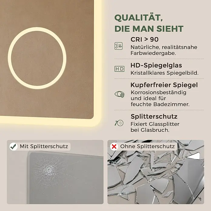 Badspiegel LED 120 x 60 cm, Bluetooth, 3-fach Vergrößerung, Anti-Beschlag -  - Beleuchteter Spiegel mit Splitterschutz-Funktion. Hochwertiges, kupferfreies HD-Spiegelglas mit natürlicher Farbwiedergabe.