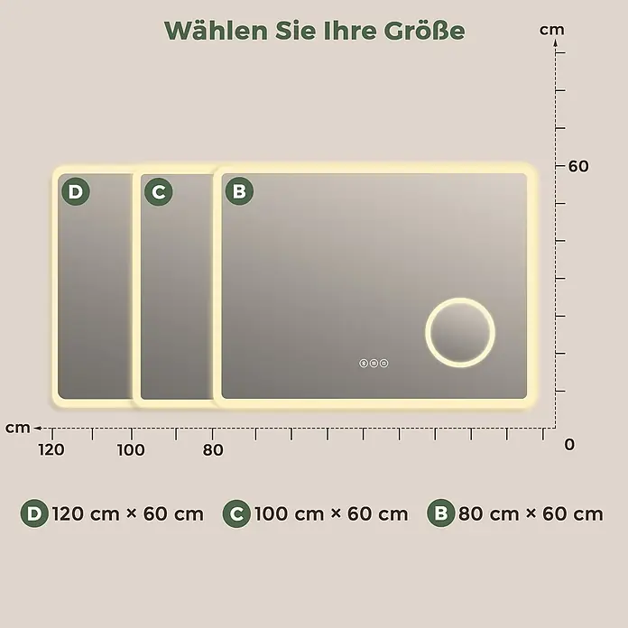 Badspiegel LED 120 x 60 cm, Bluetooth, 3-fach Vergrößerung, Anti-Beschlag -  - Drei beleuchtete Spiegel zur Größenwahl: 120x60cm, 100x60cm, 80x60cm.