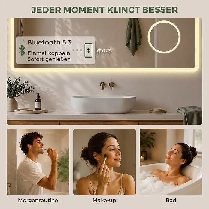 Badspiegel LED 120 x 60 cm, Bluetooth, 3-fach Vergrößerung, Anti-Beschlag -  - Badezimmerspiegel mit integriertem Bluetooth 5.3 für Musik während Morgenroutine, Make-up oder entspannender Bäder.