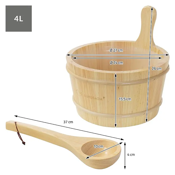 LuxeBath Sauna Zubehör Set, Holzeimer & Saunakelle aus massivem Kiefernholz -  - Hölzerner Saunaeimer (4L, H 26cm) und Schöpfkelle (L 37cm) mit spezifischen Abmessungen für beide Artikel.