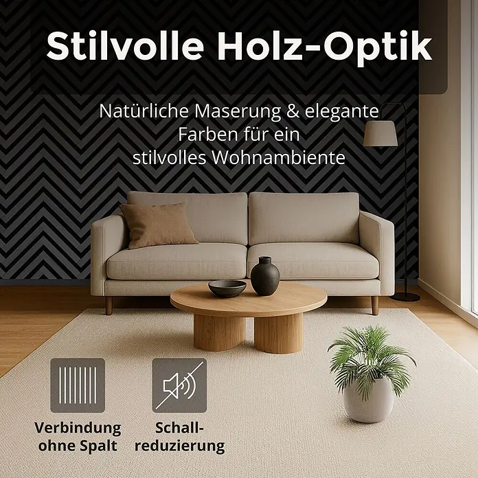 Dalsys Akustikpaneel 4x 120 x 54cm V-Muster Eiche Schwarz - Schwarz - Stilvolle Holzoptik-Wandpaneele mit dunklem Fischgrätmuster in modernem Wohnzimmer, mit nahtloser Verbindung und Schalldämmung.