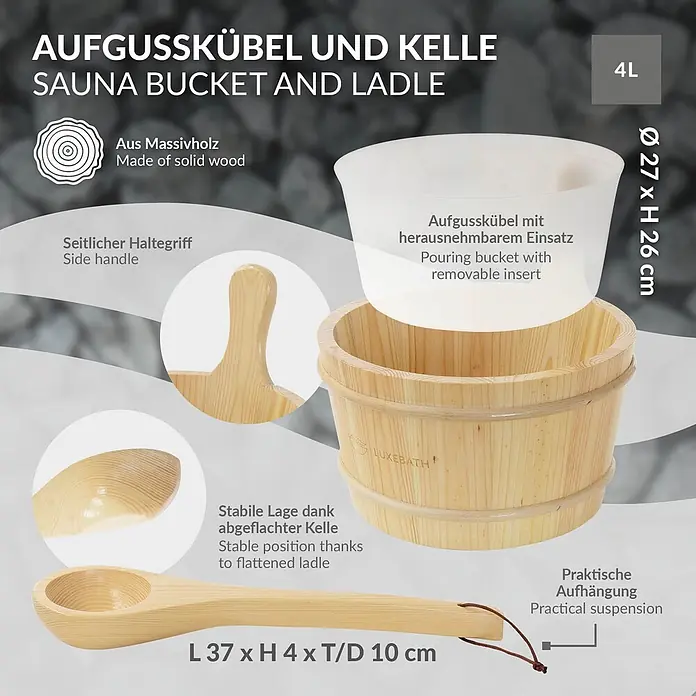 LuxeBath Sauna Zubehör Set, Holzeimer & Saunakelle aus massivem Kiefernholz -  - Hölzerner Saunaeimer mit weißem, herausnehmbarem Einsatz und Holzkelle, mit Seitenhandgriff und Aufhängeschnur.