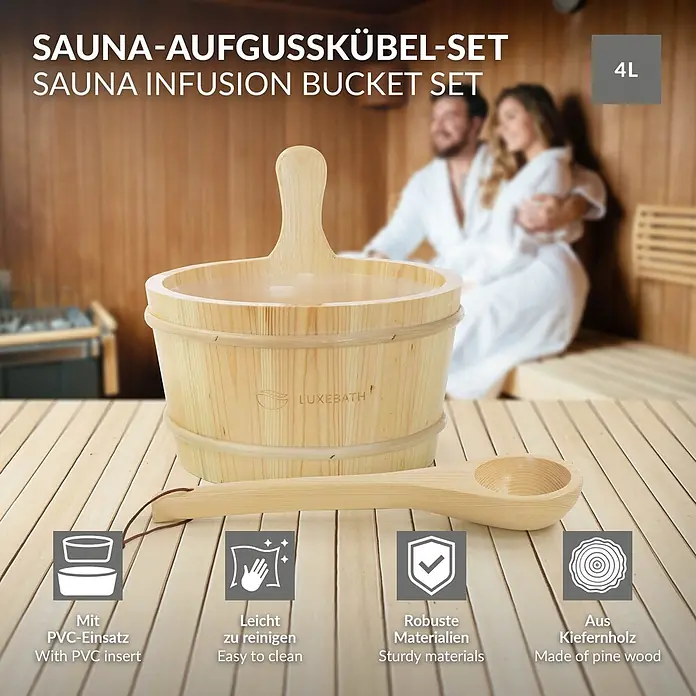 LuxeBath Sauna Zubehör Set, Holzeimer & Saunakelle aus massivem Kiefernholz -  - 4L Kiefernholz Sauna-Aufgusskübel-Set mit PVC-Einsatz und Schöpflöffel, in einer Sauna.