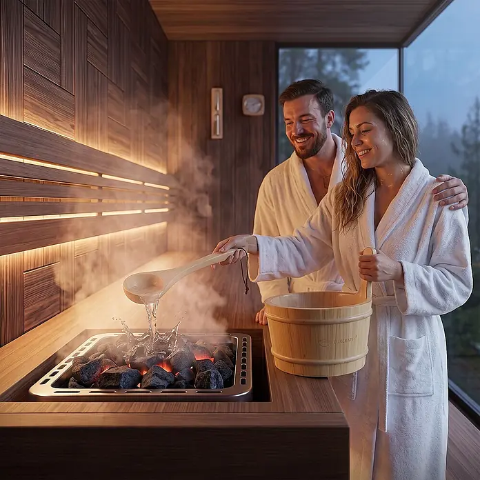 LuxeBath Sauna Zubehör Set, Holzeimer & Saunakelle aus massivem Kiefernholz -  - Frau gießt Wasser aus Holzkelle auf heiße Saunasteine, Dampf steigt auf. Ein Holzeimer steht daneben in einer modernen Sauna.