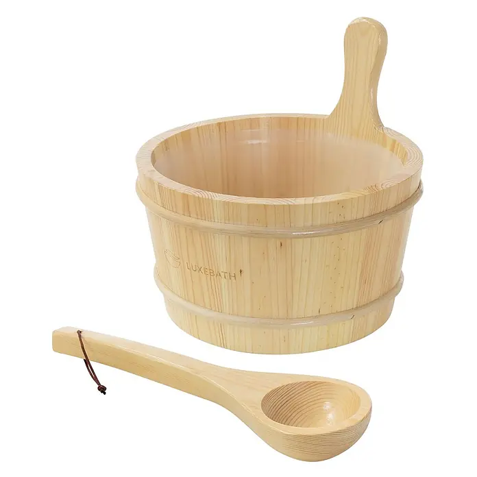 LuxeBath Sauna Zubehör Set, Holzeimer & Saunakelle aus massivem Kiefernholz -  - Heller Holz-Saunaeimer mit Griff und passender Holzkelle, für den Saunabetrieb.