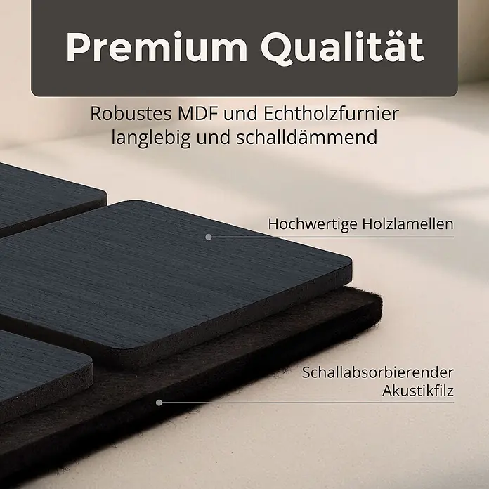 Dalsys Akustikpaneel 4x 60 x 60cm Quadrat Eiche Schwarz - Schwarz - Dunkelgrauer Akustikpaneel-Querschnitt mit Holzlamellen über schalldämmendem Filz für Premium-Schallabsorption.