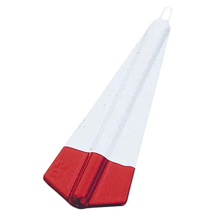 Westline Heringsblei - 50 g, Rot/Weiß, 2 Stk. - Nahaufnahme eines länglichen, kegelförmigen Treibdübels mit rotem Ende, der zum Angeln verwendet wird.