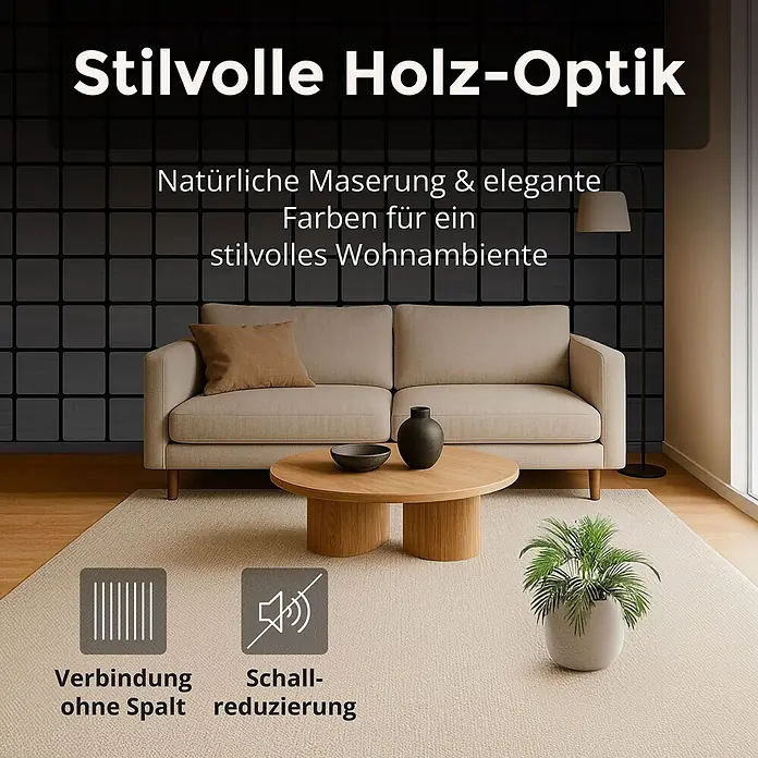 Dalsys Akustikpaneel 4x 60 x 60cm Quadrat Eiche Schwarz - Schwarz - Stilvolle Wandpaneele in dunkler Holz-Optik in einem modernen Wohnzimmer, mit fugenlosem Anschluss und Schalldämmung.
