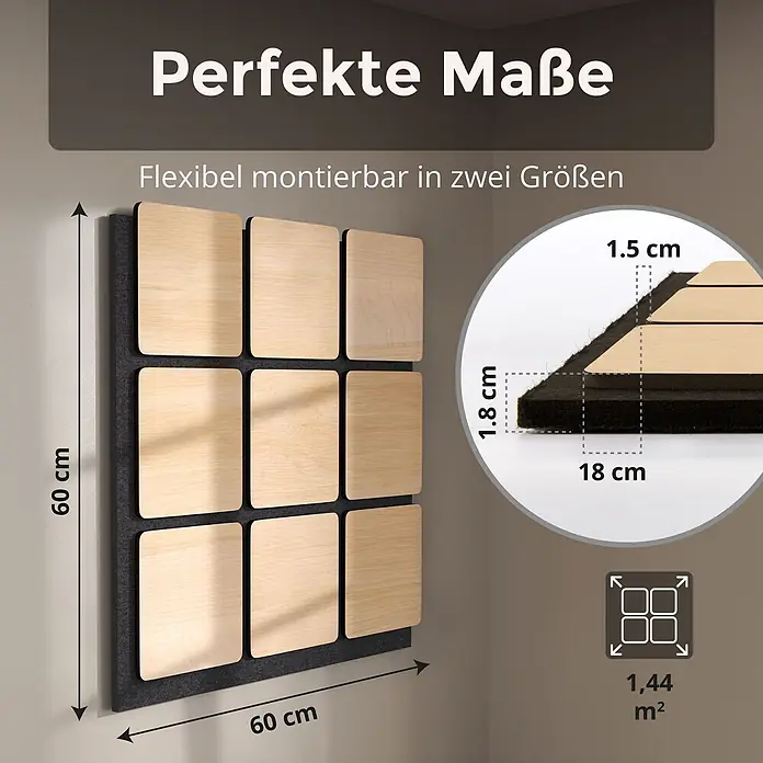 Dalsys Akustikpaneel 4x 60 x 60cm Quadrat Eiche Schwarz - Schwarz - Quadratisches, schallabsorbierendes Akustikpaneel aus dunklem Filz mit hellen Holzquadraten, zeigt Maße 60x60 cm und Materialstärken.