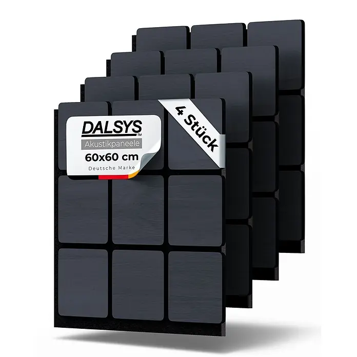 Dalsys Akustikpaneel 4x 60 x 60cm Quadrat Eiche Schwarz - Schwarz - Packung mit 4 schwarzen DALSYS Akustikpaneelen, 60x60 cm, Holzoptik auf Filz.