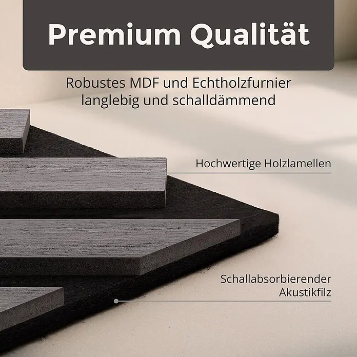 Dalsys Akustikpaneel 4x 120 x 54cm V-Muster Grau - Grau - Schwarze Akustikplatte mit Holzlamellen und schallabsorbierendem Filz, robust und langlebig.