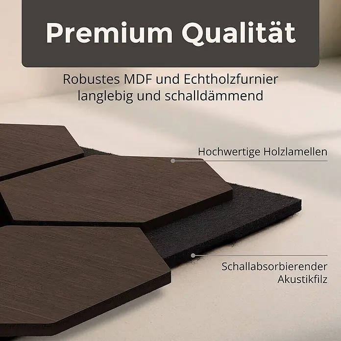 Dalsys Akustikpaneel 4x 76 x 62cm Hexagon Walnuss - Braun - Dunkelbraune sechseckige Akustikpaneele aus Echtholzfurnier auf MDF, die eine Schicht dunkelgrauen schalldämmenden Filzes zeigen. Langlebig und schallisolierend.