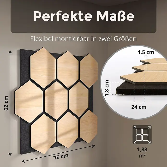Dalsys Akustikpaneel 4x 76 x 62cm Hexagon Eiche Schwarz - Schwarz - Wandpaneele aus hellen Holz-Hexagonen auf dunklem Filz. Maße: 62x76 cm, Platten 1,8 cm dick, 24 cm breit. Gesamtfläche 1,88 m².