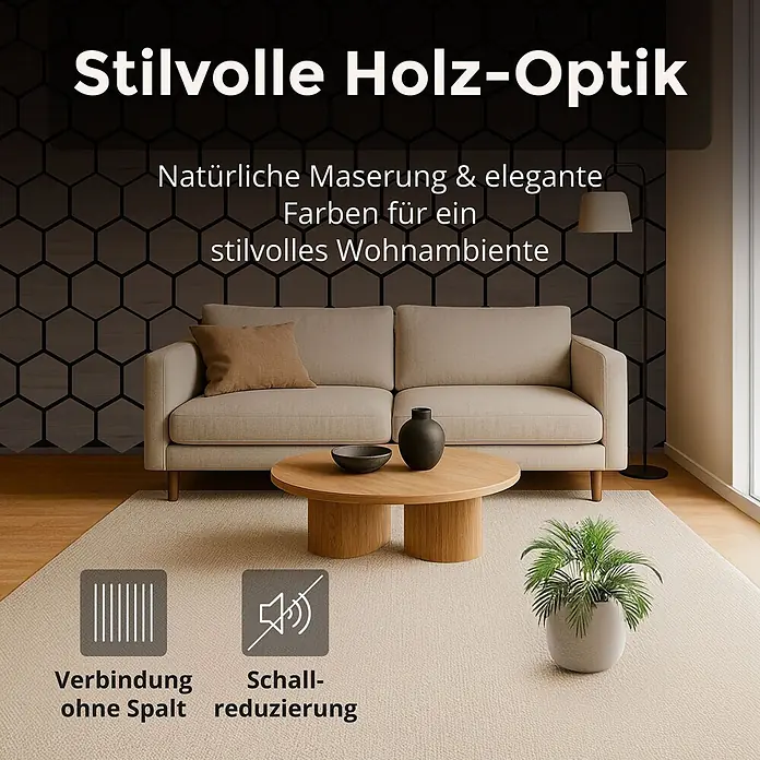 Dalsys Akustikpaneel 4x 76 x 62cm Hexagon Walnuss - Braun - Stilvolle Wandpaneele in Holz-Optik mit natürlicher Maserung und eleganten Farben. Schallreduzierend und spaltlos verlegbar in einem modernen Wohnzimmer.
