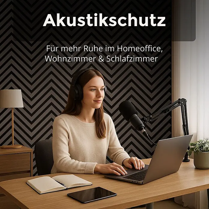 Dalsys Akustikpaneel 4x 120 x 54cm V-Muster Walnuss - Braun - Akustikpaneele schaffen eine ruhige Homeoffice-Umgebung mit einer Frau beim Podcasting.