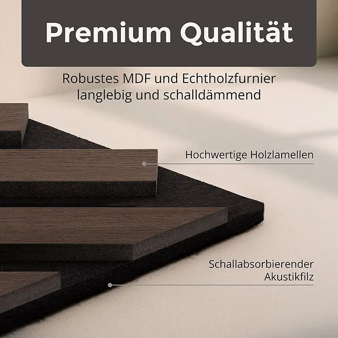 Dalsys Akustikpaneel 4x 120 x 54cm V-Muster Walnuss - Braun - Gestapelte braune Holzlamellen auf schwarzem Akustikfilz, schalldämmend. Robustes MDF und Echtholzfurnier für Premium-Qualität.