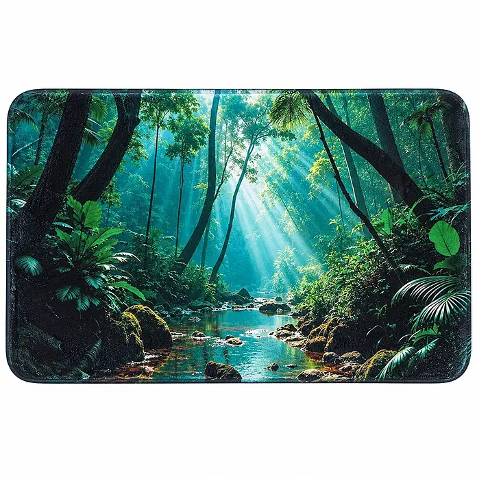 Badteppich Rainforest -  - Rechteckige Matte mit abgerundeten Ecken, bedruckt mit einer lebhaften Dschungelszene mit Sonnenstrahlen und einem Bach.