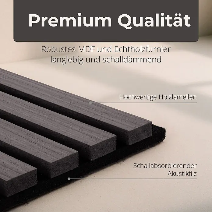 Dalsys Akustikpaneel 4x 60 x 60cm Grau - Grau - Dunkle Holzlamellen Akustikwandpaneel mit schwarzer Filzrückseite, betont schallabsorbierende und robuste Konstruktion.