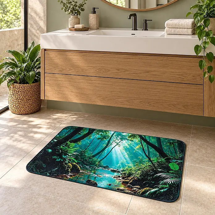 Badteppich Rainforest -  - Dschungelmuster-Badematte mit lebhaftem Design auf Fliesenboden im Bad unter einem Waschtisch.