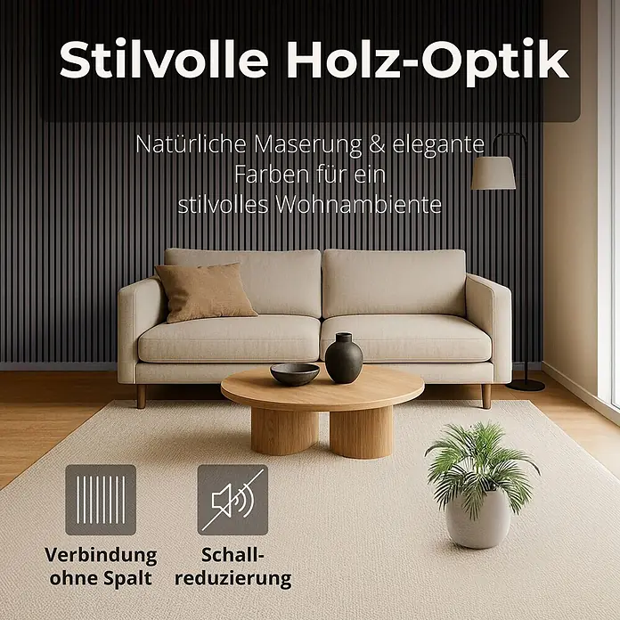 Dalsys Akustikpaneel 4x 60 x 60cm Grau - Grau - Stilvolle Wandpaneele in dunkler Holzoptik in einem Wohnzimmer mit Sofa, mit fugenloser Verbindung und Schalldämmung.