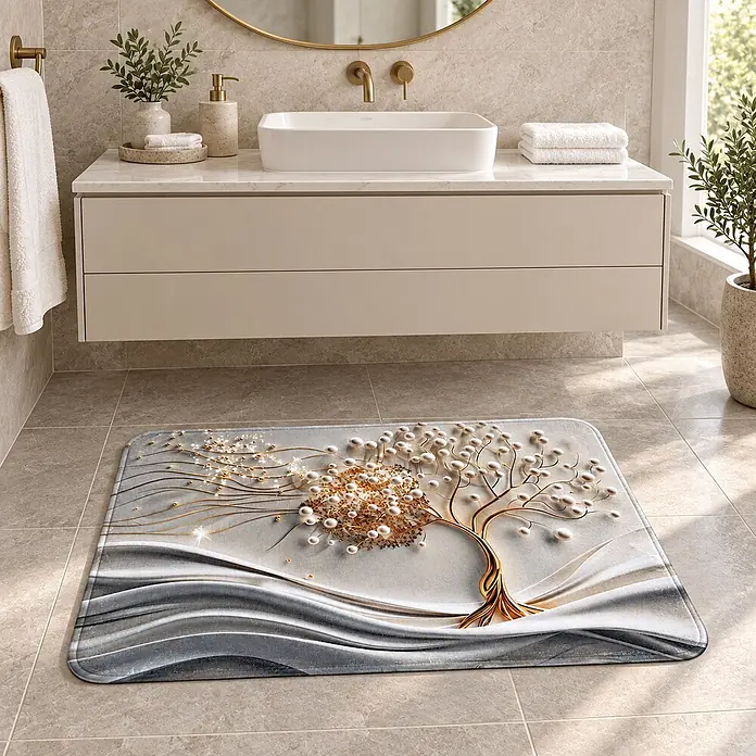 Badteppich Tree of Life -  - Ein rechteckiger Badteppich mit 3D-Effekt goldenem Baumdesign, perlenartigen Akzenten und grauen Wellenmustern.