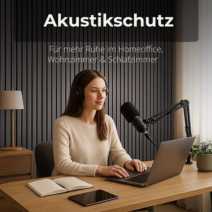 Dalsys Akustikpaneel 4x 60 x 60cm Grau - Grau - Dunkle Akustikwandpaneele zur Schalldämmung in einem Homeoffice mit podcastender Person.