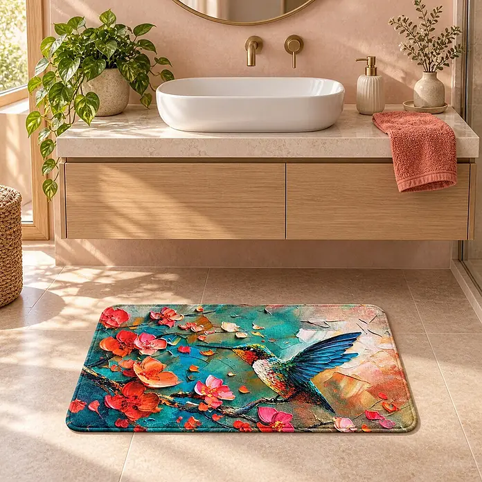 Badteppich Petalo -  - Bunter Badteppich mit Kolibri- und Blumenmotiv auf hellem Badezimmerboden.