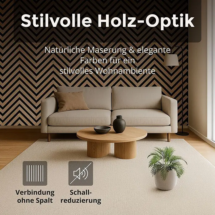 Dalsys Akustikpaneel 4x 120 x 54cm V-Muster Eiche Hell - Beige - Stilvolle Holz-Optik Wandverkleidung mit Fischgrätmuster im Wohnzimmer. Nahtlose Verbindung, schallreduzierend für elegantes Wohnambiente.