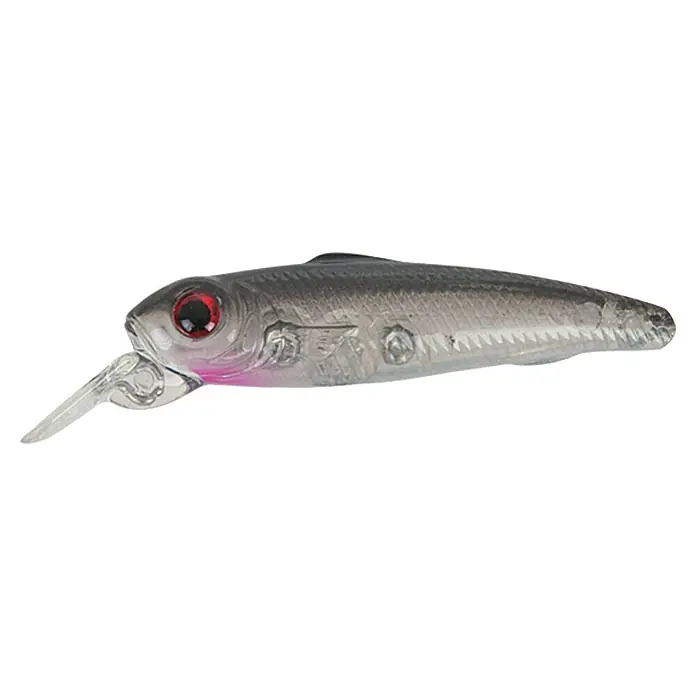 Westline Wobbler Innocent 55 - Zielfisch: Barsch/Forelle, 5,5 cm, Mit Drillingen, WF - Nahaufnahme eines grauen Angelköders mit rotem Auge und durchsichtiger Lippe zum Anlocken von Fischen.