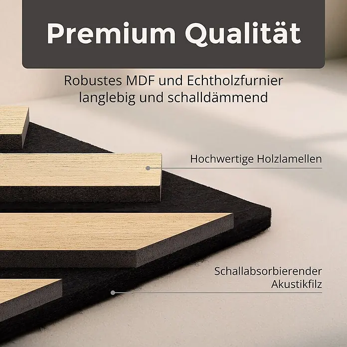 Dalsys Akustikpaneel 4x 120 x 54cm V-Muster Eiche Hell - Beige - Nahaufnahme eines Akustikpaneels mit hellen Holzlamellen auf schwarzem schallabsorbierendem Filz.