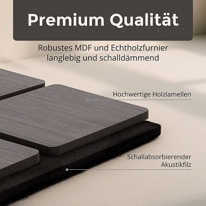 Dalsys Akustikpaneel 4x 60 x 60cm Quadrat Grau - Grau - Geschichtete dunkle Holzfurnierlamellen über schwarzem schallabsorbierendem Akustikfilz, zeigt robuste Schalldämmung.
