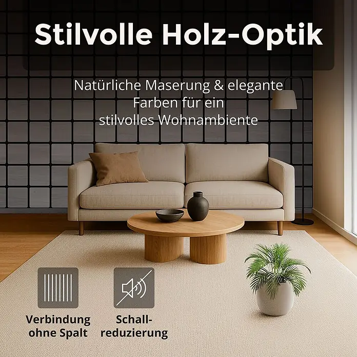 Dalsys Akustikpaneel 4x 60 x 60cm Quadrat Grau - Grau - Schallreduzierende Wandpaneele in Holzoptik mit natürlicher Maserung, stilvoll in einem modernen Wohnzimmer.