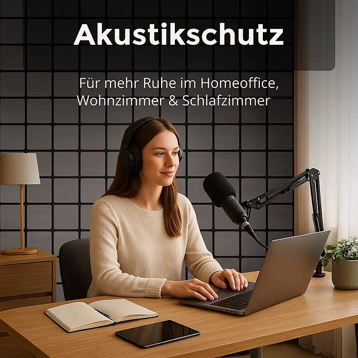 Dalsys Akustikpaneel 4x 60 x 60cm Quadrat Grau - Grau - Dunkelgraue quadratische Akustikpaneele an einer Wand im Homeoffice, die Schalldämmung für einen ruhigeren Arbeitsbereich bieten.