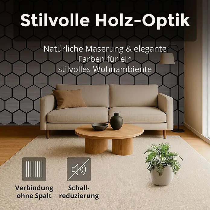 Dalsys Akustikpaneel 4x 76 x 62cm Hexagon Eiche Grau - Grau - Hexagonale Wandpaneele in Holz-Optik an einer Wohnzimmerwand für stilvolles Ambiente & Schalldämmung.