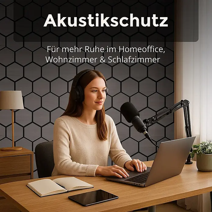 Dalsys Akustikpaneel 4x 76 x 62cm Hexagon Eiche Grau - Grau - Eine Frau arbeitet im Homeoffice mit grauen hexagonalen Akustikwandpaneelen, die Schalldämmung für Homeoffice, Wohnzimmer & Schlafzimmer zeigen.