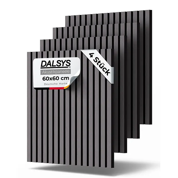 Dalsys Akustikpaneel 4x 60 x 60cm Grau - Grau - Stapel von 4 DALSYS dunkelgrauen 60x60 cm Akustikpaneelen mit vertikalem Lamellendesign.