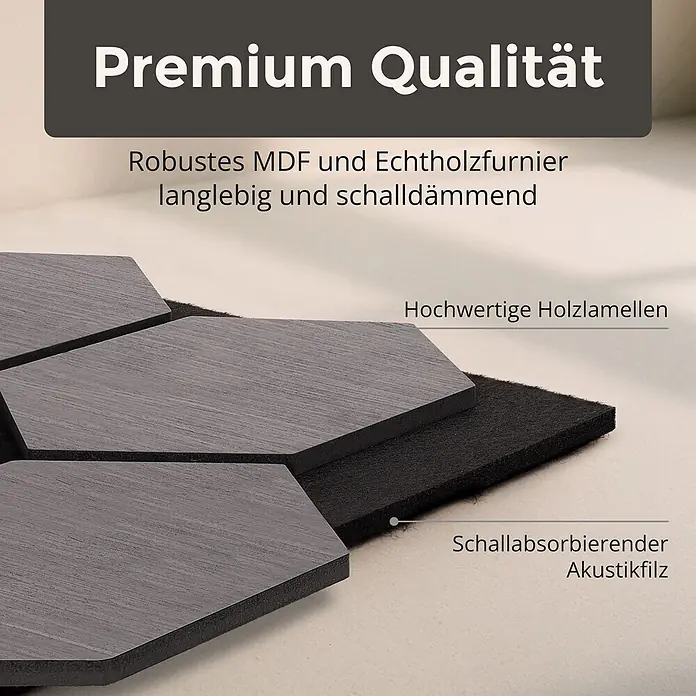 Dalsys Akustikpaneel 4x 76 x 62cm Hexagon Eiche Grau - Grau - Dunkelgraue, sechseckige Akustikpaneele mit Holzlamellen und schwarzem schallabsorbierendem Filz, zur Schalldämmung.