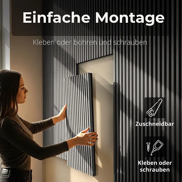 Dalsys Akustikpaneel 4x 60 x 60cm Grau - Grau - Frau installiert gestreifte schallabsorbierende Wandpaneele. Die Paneele sind zuschneidbar und einfach zu kleben oder schrauben.