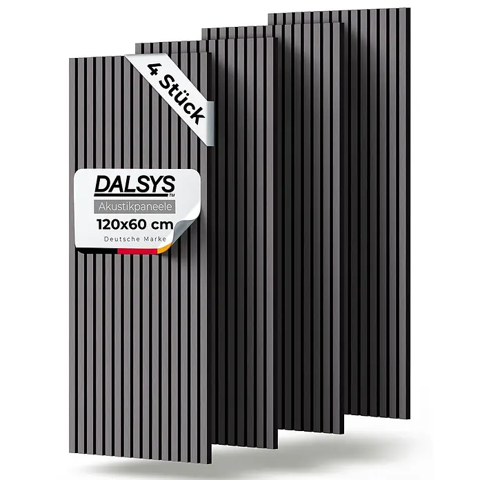 Dalsys Akustikpaneel 4x 120 x 60cm Grau - Grau - Vier graue DALSYS Akustikpaneele (120x60 cm) mit schwarzer Rückseite, im 4er-Set.