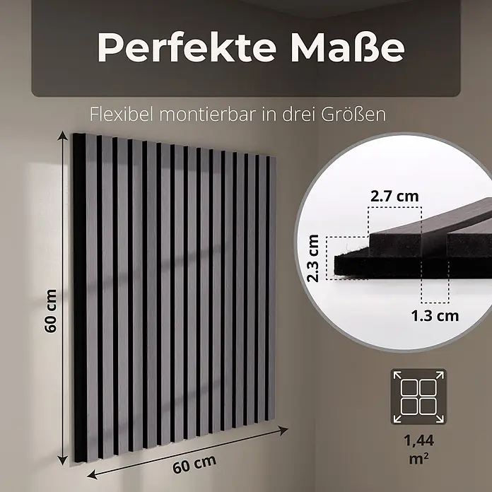 Dalsys Akustikpaneel 4x 60 x 60cm Grau - Grau - Dunkelgraue Akustiklamellenplatte (60x60 cm). Maße: 2,3 cm Gesamttiefe, 2,7 cm Lamellenbreite, 1,3 cm Filztiefe. Gesamtfläche 1,44 m².
