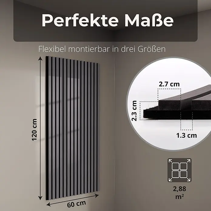 Dalsys Akustikpaneel 4x 120 x 60cm Grau - Grau - Akustikwandpaneel (120x60 cm) mit 2,7 cm breiten Lamellen, 2,3 cm dick (1,3 cm Basis). Flexibel montierbar in drei Größen, deckt 2,88 m² ab.