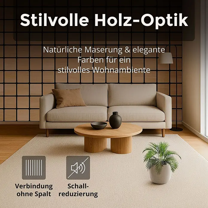 Dalsys Akustikpaneel 4x 60 x 60cm Quadrat Eiche Hell - Beige - Stilvolle Wandpaneele in Holz-Optik mit natürlicher Maserung, nahtloser Verbindung und Schallreduzierung für elegantes Wohnambiente.